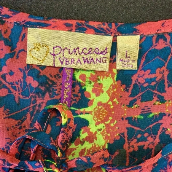 Princess Vera Wang Womens Large Top Blouse Colorful Dolman Sleeves Tie Neck - Picture 4 of 10